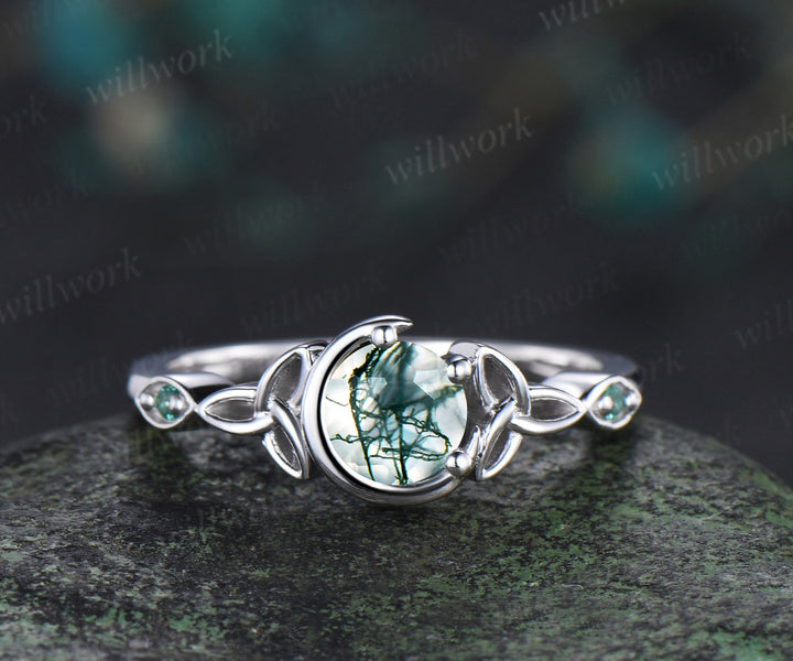 Round cut moss agate ring unique moon Celtic knot three stone ring art deco emerald ring gifts for women