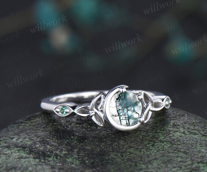 Round cut moss agate ring unique moon Celtic knot three stone ring art deco emerald ring gifts for women