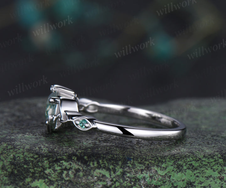 Round cut moss agate ring unique moon Celtic knot three stone ring art deco emerald ring gifts for women