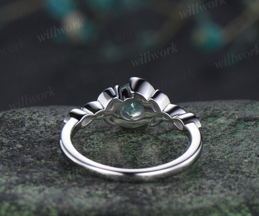 Round cut moss agate ring unique moon Celtic knot three stone ring art deco emerald ring gifts for women