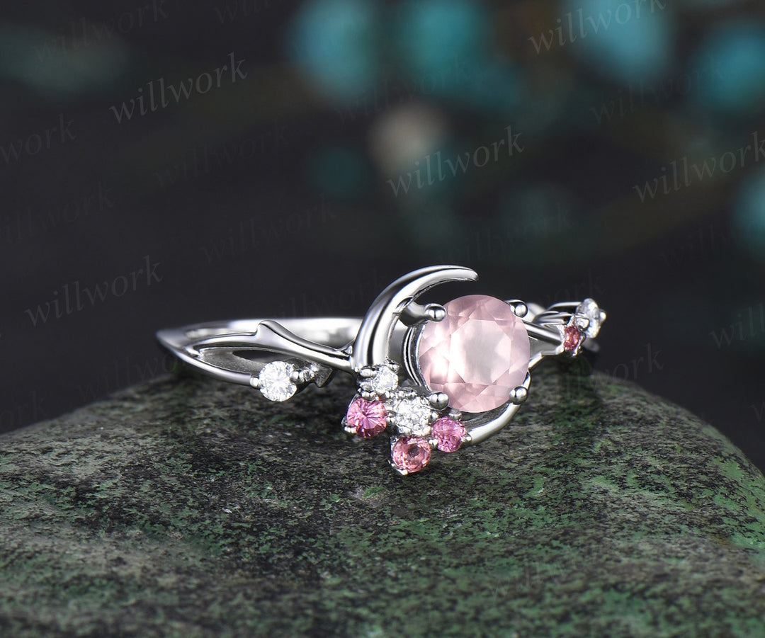Vintage round rose quartz engagement ring moon star twig Ring pink tourmaline diamond cluster ring promise anniversary gifts