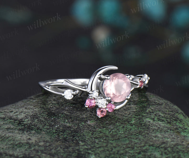 Vintage round rose quartz engagement ring moon star twig Ring pink tourmaline diamond cluster ring promise anniversary gifts