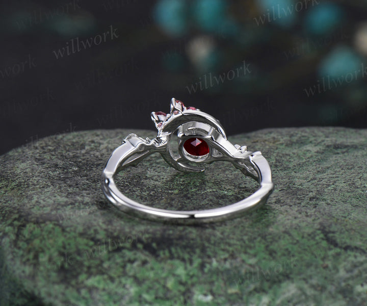Vintage round ruby engagement ring moon star twig ring pink tourmaline diamond cluster ring nature inspired jewelry