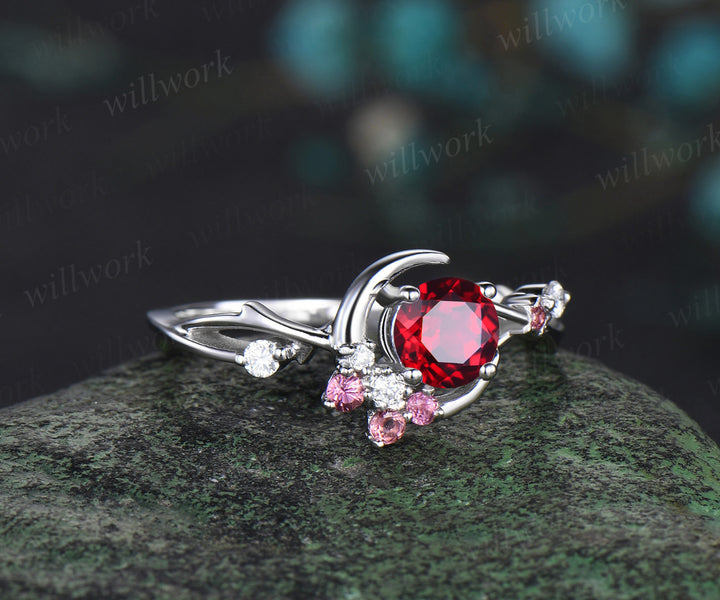 Vintage round ruby engagement ring moon star twig ring pink tourmaline diamond cluster ring nature inspired jewelry