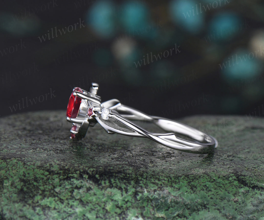 Vintage round ruby engagement ring moon star twig ring pink tourmaline diamond cluster ring nature inspired jewelry