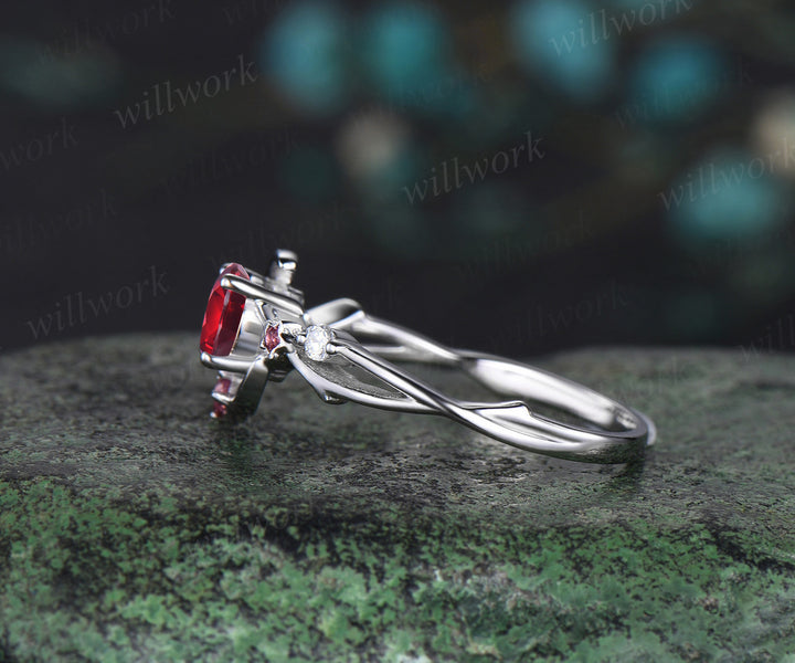 Vintage round ruby engagement ring moon star twig ring pink tourmaline diamond cluster ring nature inspired jewelry