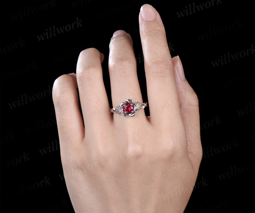 Round cut ruby engagement ring flower floral leaf three stone moissanite ring vintage infinity wedding ring for women