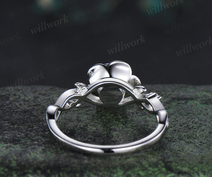 Round cut ruby engagement ring flower floral leaf three stone moissanite ring vintage infinity wedding ring for women