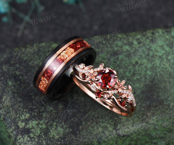 Dainty 5mm Round Garnet Leaf Floral Ring Set & Tungsten Garnets Gold Flakes Men Band Unique Couple Ring Set