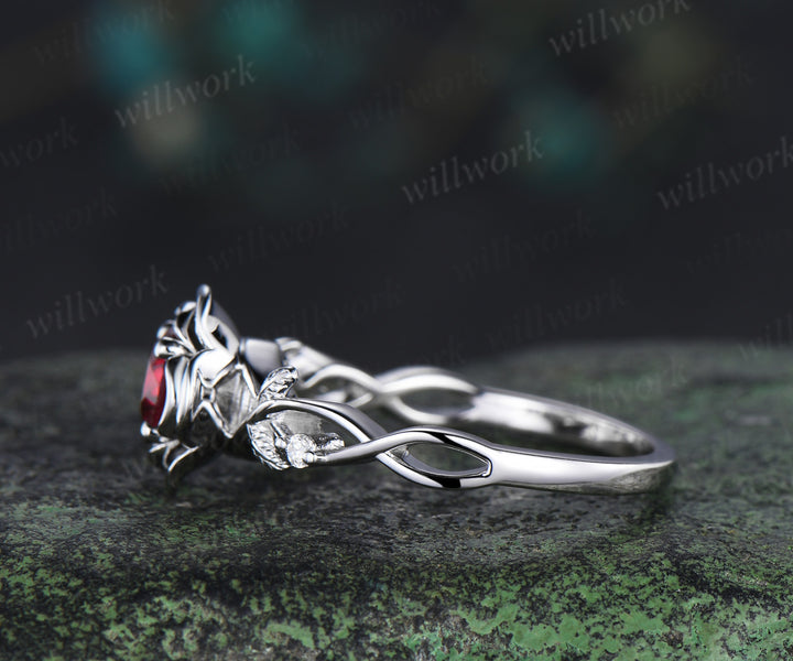 Round cut ruby engagement ring flower floral leaf three stone moissanite ring vintage infinity wedding ring for women