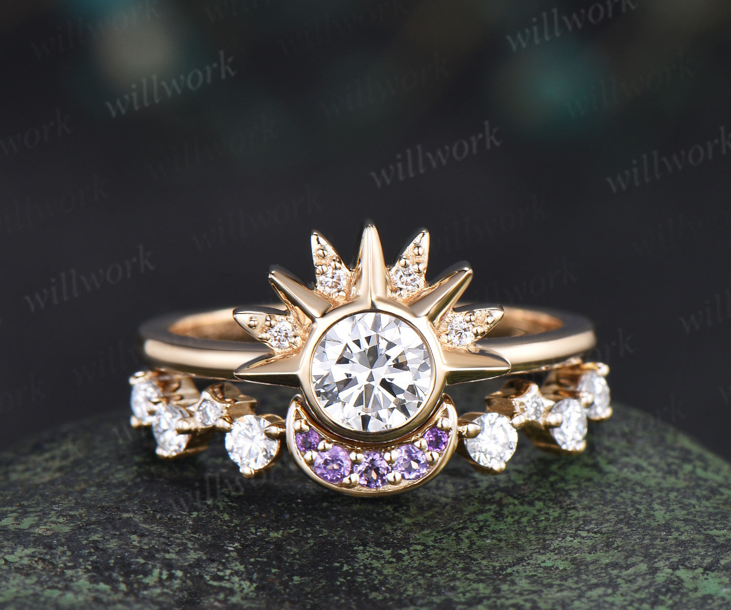 Round Lab Grown Diamond Sun Amethyst Moon Ring Set Celestial