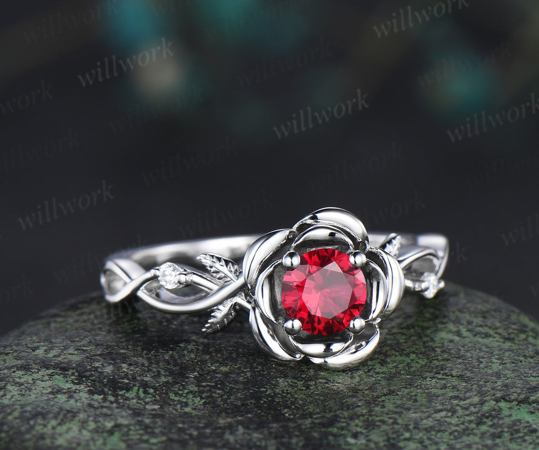 Round cut ruby engagement ring flower floral leaf three stone moissanite ring vintage infinity wedding ring for women