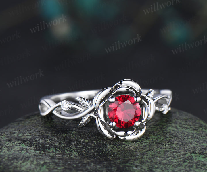 Round cut ruby engagement ring flower floral leaf three stone moissanite ring vintage infinity wedding ring for women