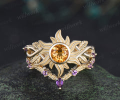 Rapunzel ring sun citrine engagement ring set bezel setting twig vines amethyst ring leaf wedding band unique bridal set