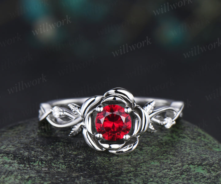 Round cut ruby engagement ring flower floral leaf three stone moissanite ring vintage infinity wedding ring for women