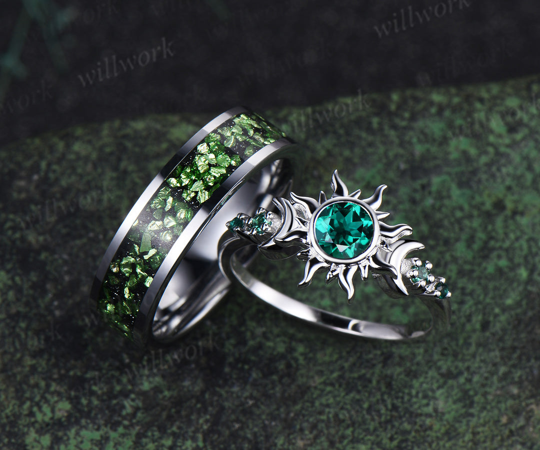 Vintage Round Cut Green Emerald Sun Moon Engagement Ring & Bold Tungsten Crushed Green Stone Men Wedding Band Unique Couple Rings