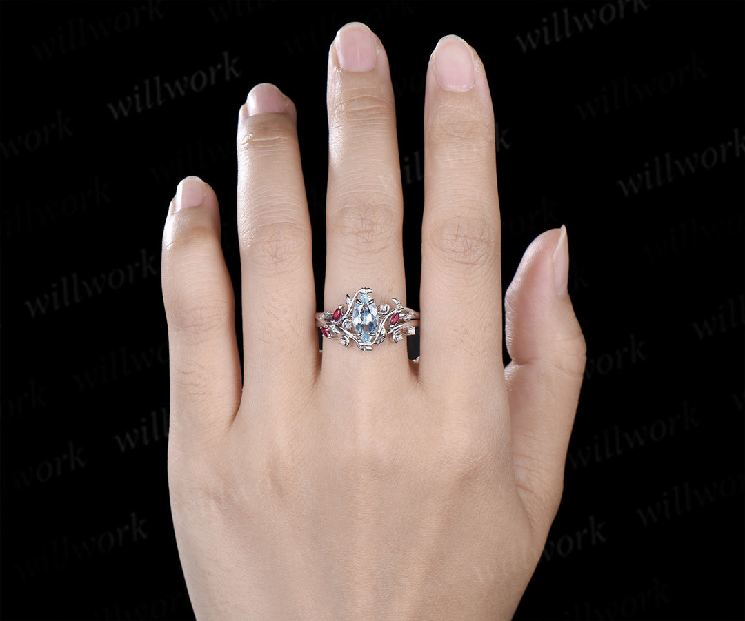 Marquise cut natural aquamarine engagement ring set leaf nature inspired ruby opal moon wedding band bridal set