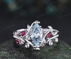 Marquise cut natural aquamarine engagement ring set leaf nature inspired ruby opal moon wedding band bridal set