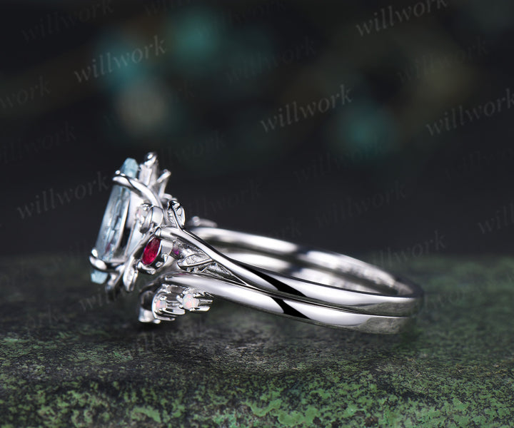 Marquise cut natural aquamarine engagement ring set leaf nature inspired ruby opal moon wedding band bridal set