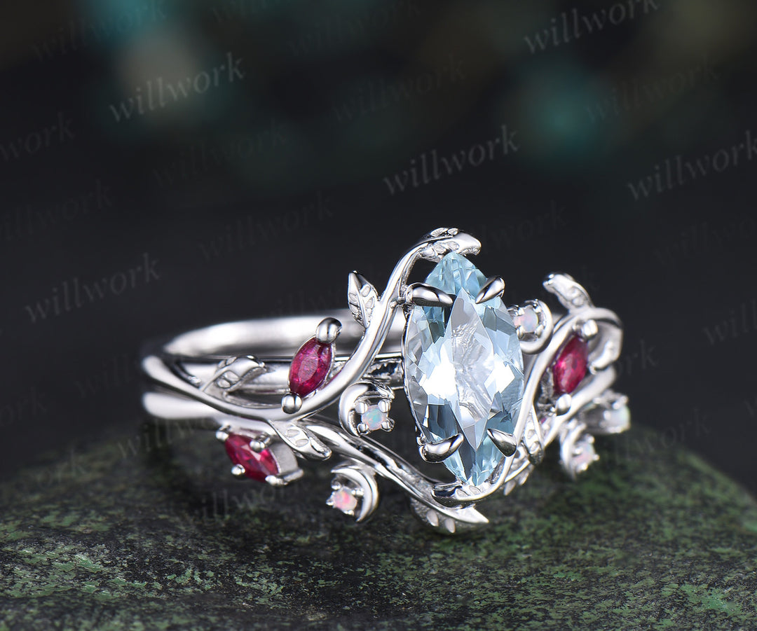 Marquise cut natural aquamarine engagement ring set leaf nature inspired ruby opal moon wedding band bridal set