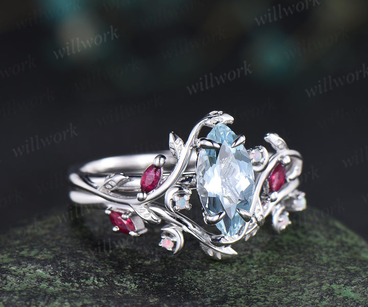 Marquise cut natural aquamarine engagement ring set leaf nature inspired ruby opal moon wedding band bridal set