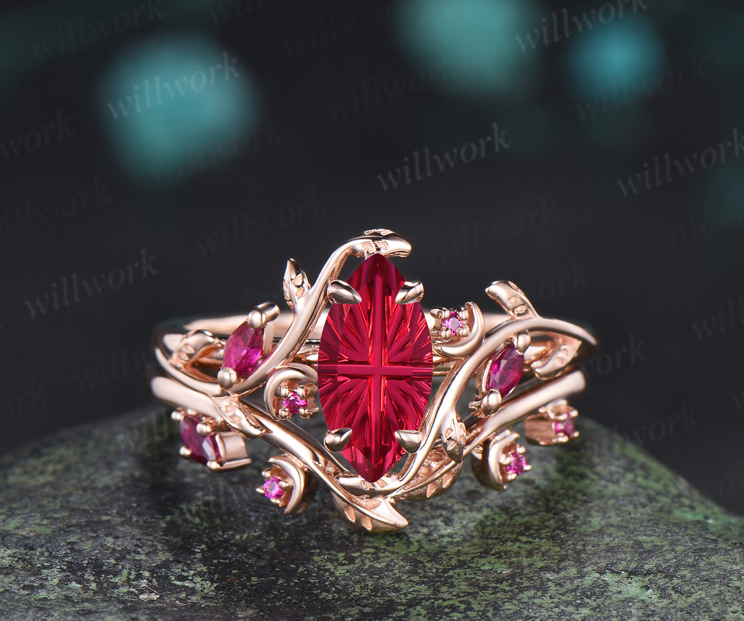 Marquise Fantasy Cut Ruby Ring Set Leaf Twig Moon Promise Ring