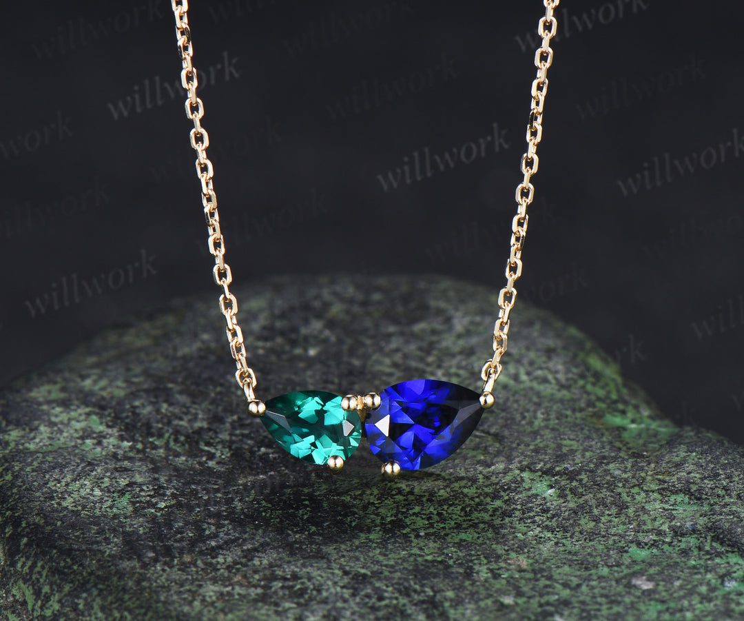 Pear cut emerald sapphire pendant necklace toi et moi necklace minimalist two stones pendant for couple bff