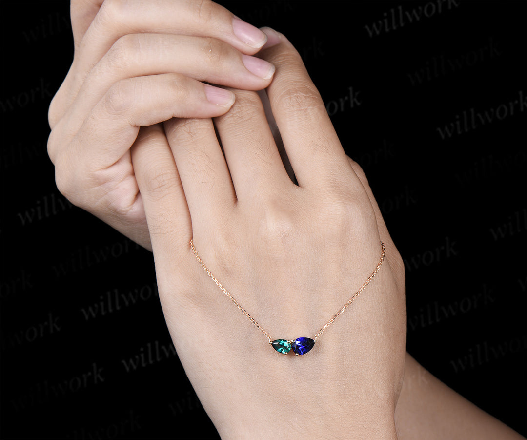 Pear cut emerald sapphire pendant necklace toi et moi necklace minimalist two stones pendant for couple bff