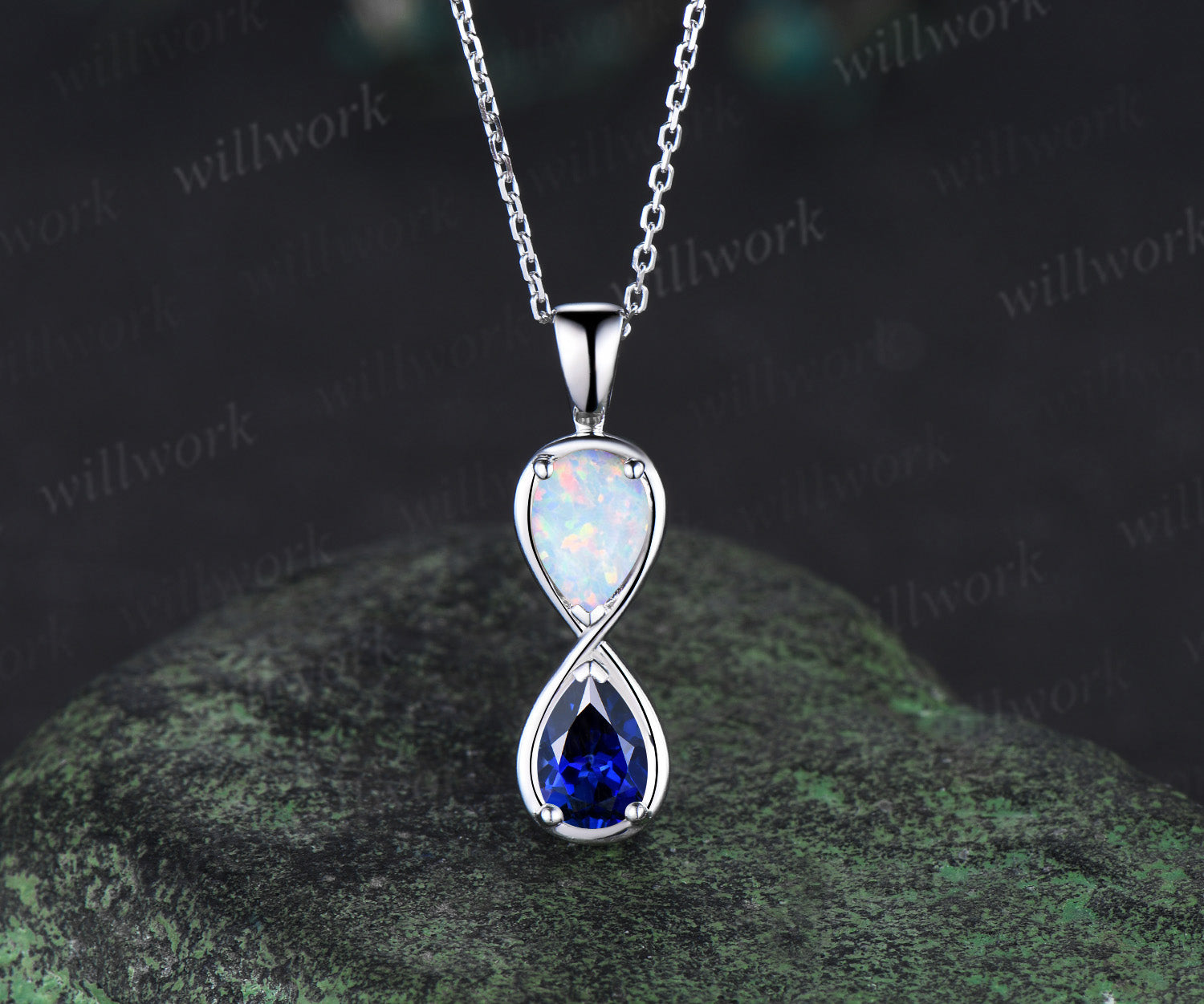 Pear cut opal sapphire pendant necklace dainty infinity