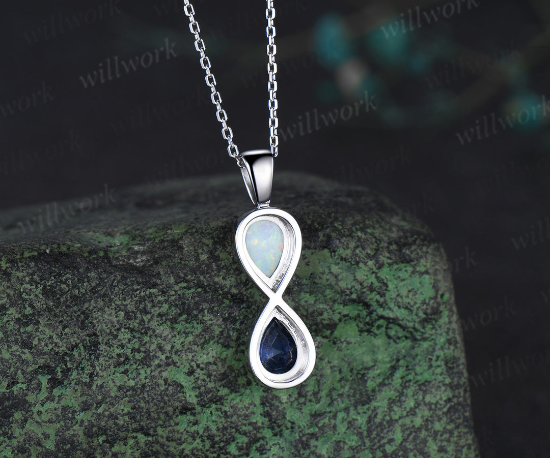 Pear cut opal sapphire pendant necklace dainty infinity white gold charm two birthstones Toi et Moi pendant necklace gifts
