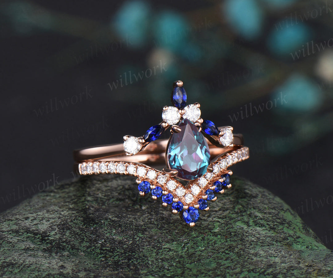 5x7mm pear cut Alexandrite engagement ring set half eternity diamond sapphires ring curved V shape matching band regal bridal set