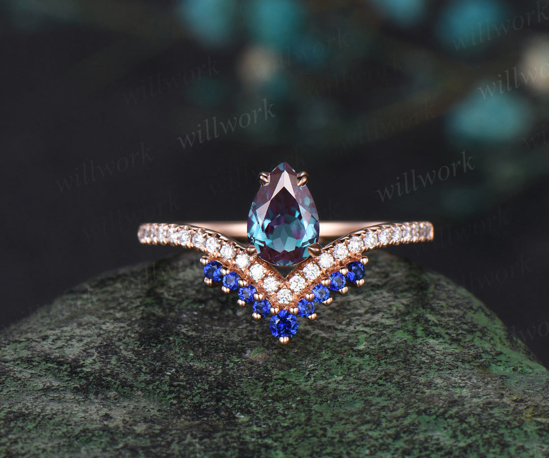 5x7mm pear cut Alexandrite engagement ring set half eternity diamond sapphires ring curved V shape matching band regal bridal set