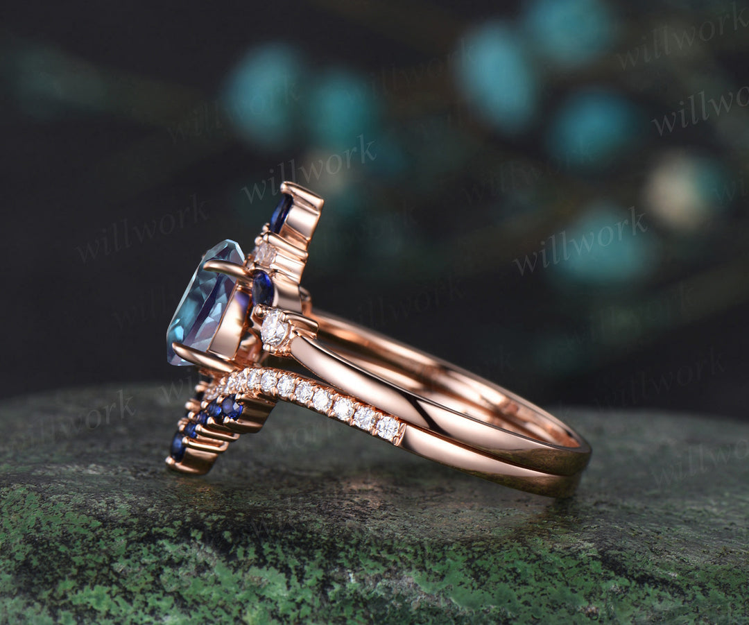 5x7mm pear cut Alexandrite engagement ring set half eternity diamond sapphires ring curved V shape matching band regal bridal set