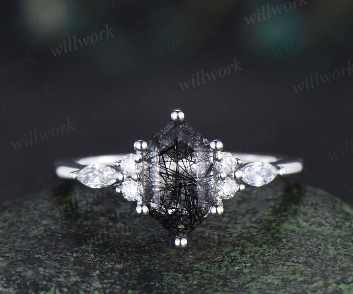 Elongated hexagon cut black rutilated quartz engagement ring set marquise moissanite ring curved wedding band bridal set