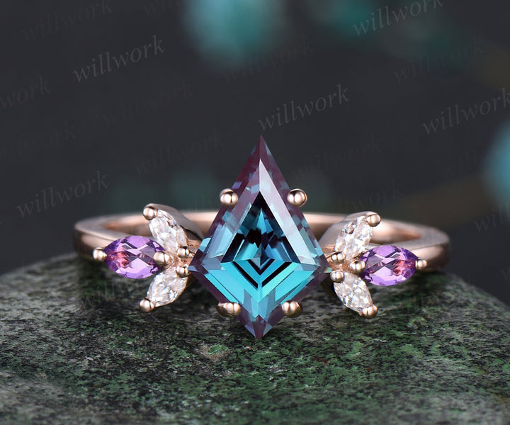 Unique June Birthstone Kite Alexandrite Engagement Ring Set 14k Rose Gold Moissanite Amethyst Bridal Ring Set