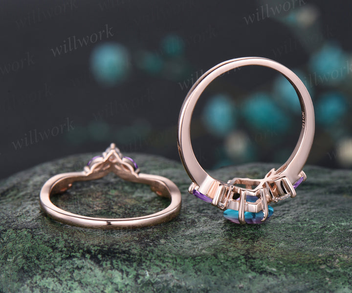 Unique June Birthstone Kite Alexandrite Engagement Ring Set 14k Rose Gold Moissanite Amethyst Bridal Ring Set