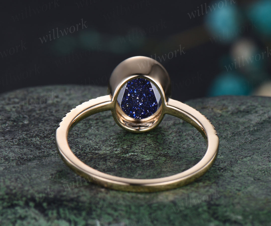 Oval Cut Galaxy Blue Sandstone Engagement Ring Unique Black Spinel Diamond Half Eternity Ring Bezel Set Promise Ring Healing Jewelry