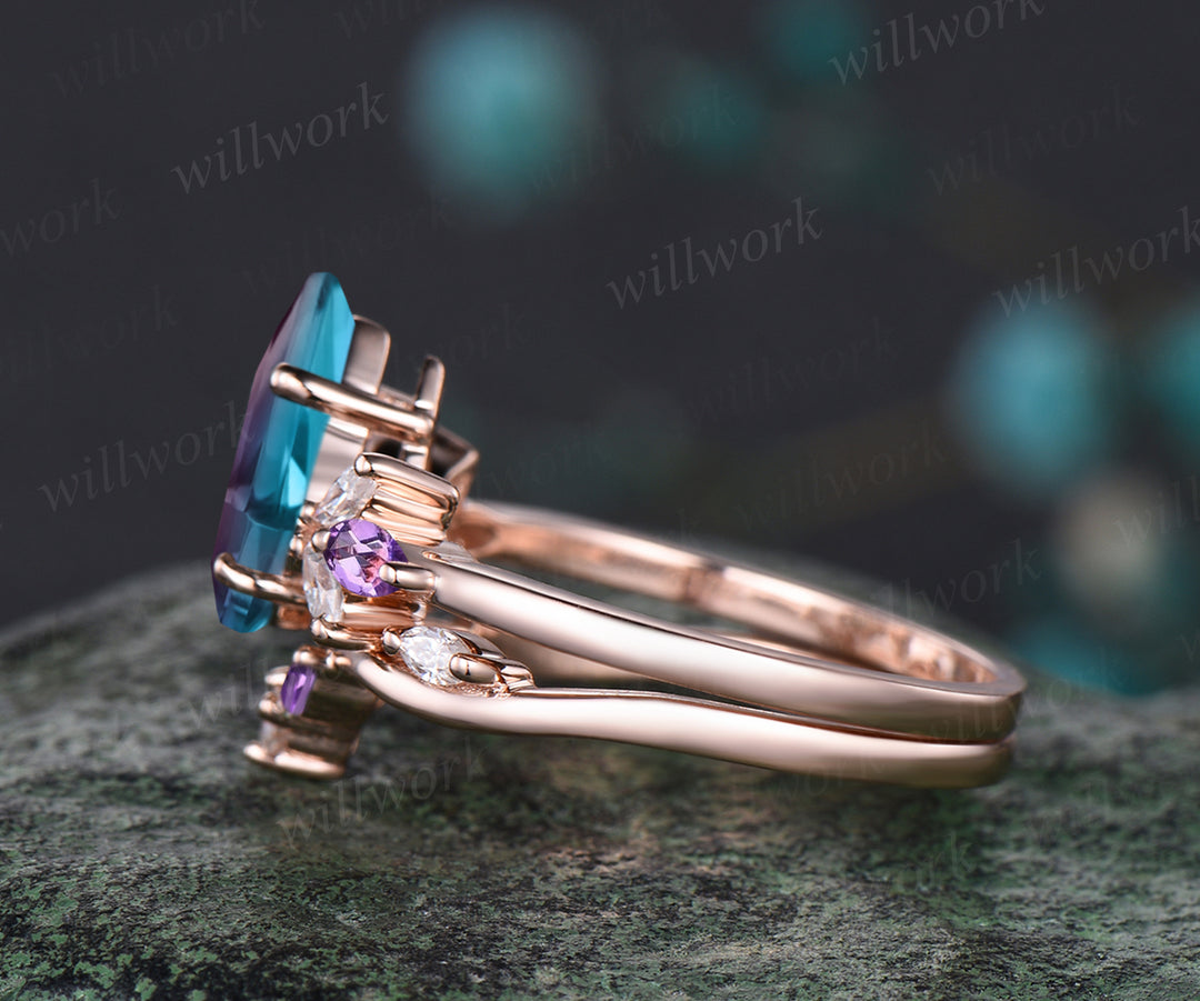 Unique June Birthstone Kite Alexandrite Engagement Ring Set 14k Rose Gold Moissanite Amethyst Bridal Ring Set