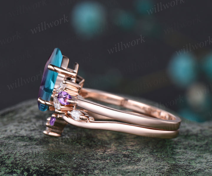 Unique June Birthstone Kite Alexandrite Engagement Ring Set 14k Rose Gold Moissanite Amethyst Bridal Ring Set
