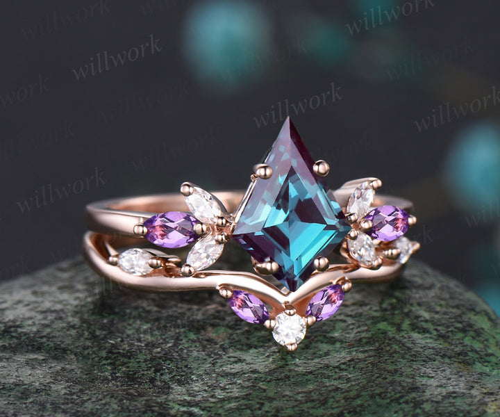 Unique June Birthstone Kite Alexandrite Engagement Ring Set 14k Rose Gold Moissanite Amethyst Bridal Ring Set