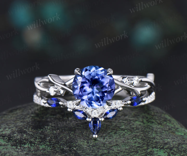Round natural tanzanite engagement ring set art deco five stone twig moissanite ring curved sapphire wedding band birthstone jewelry
