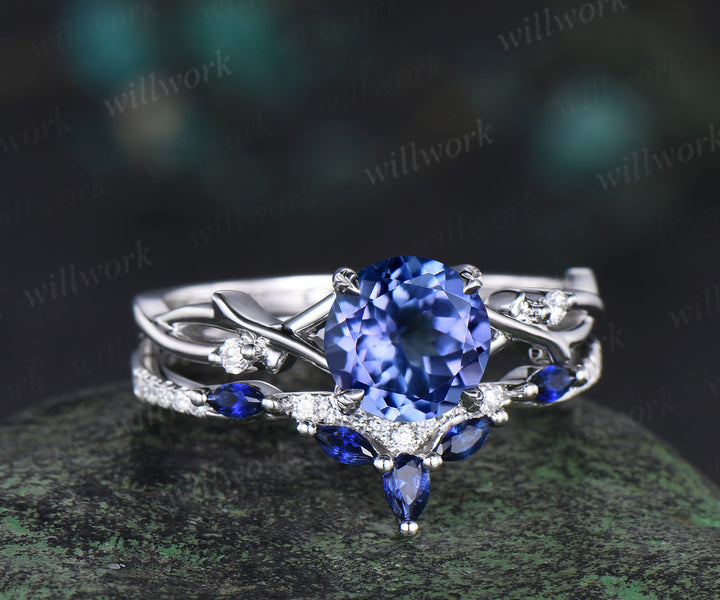 Round natural tanzanite engagement ring set art deco five stone twig moissanite ring curved sapphire wedding band birthstone jewelry