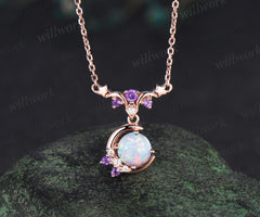 Dainty round opal moon stars necklace amethyst moissanite cluster pendant October birthstone jewelry anniversary gifts