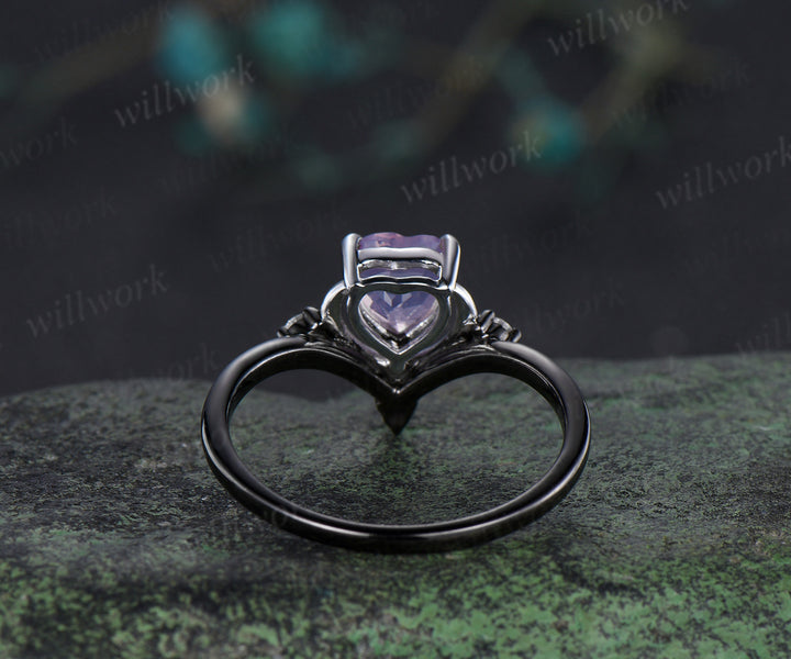 Heart cut lavender amethyst moon ring white gold crescent black gold band two gold tones diamond art deco bridal jewelry