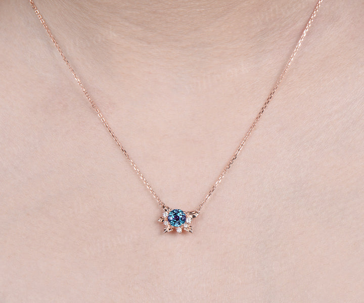 Nature inspired round alexandrite leaf pendant necklace color change gemstone moissanite pendant June birthstone gifts