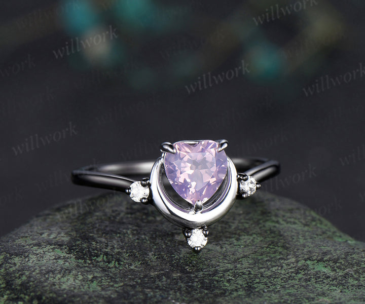 Heart cut lavender amethyst moon ring white gold crescent black gold band two gold tones diamond art deco bridal jewelry