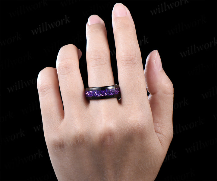 Twig Leaf Celestial Moon Round Amethsyt Bridal Set & Tungsten Amethyst Men Wedding Band Enchanting Couple Ring Set