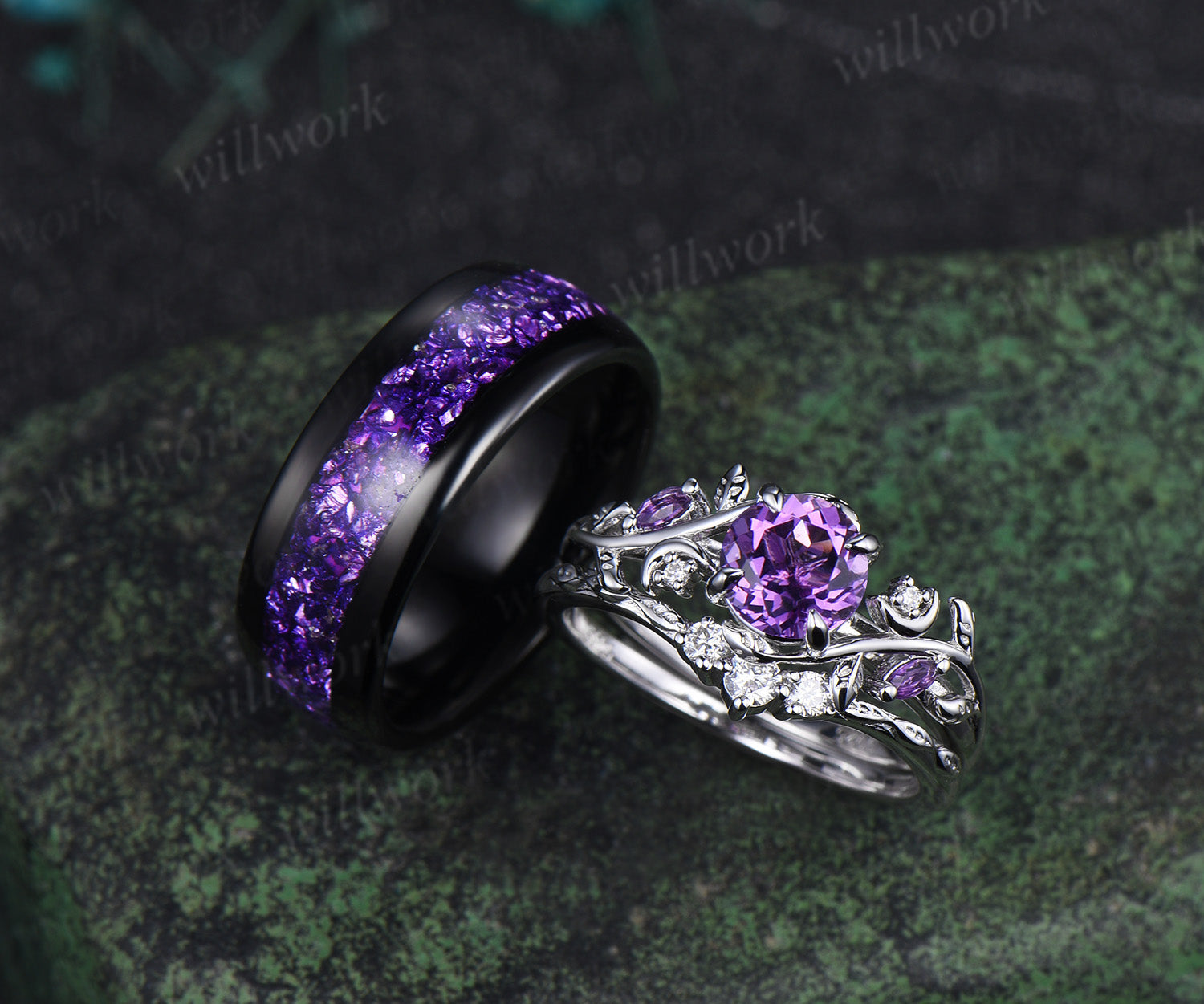 Twig Leaf Celestial Moon Round Amethsyt Bridal Set & Tungsten