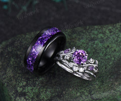 Twig Leaf Celestial Moon Round Amethsyt Bridal Set & Tungsten Amethyst Men Wedding Band Enchanting Couple Ring Set