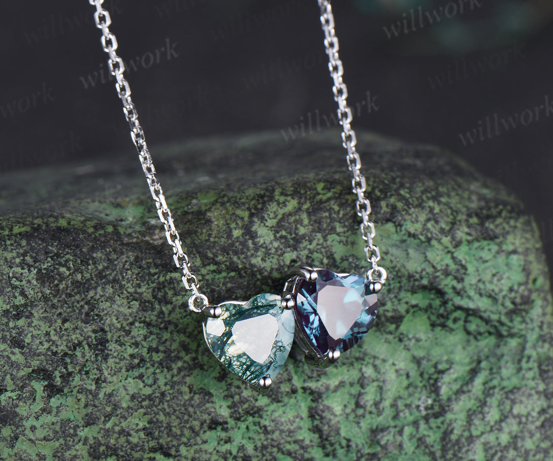 Heart cut moss agate & alexandrite Toi et Moi pendant necklace minimalist two stones pendant wedding anniversary gifts
